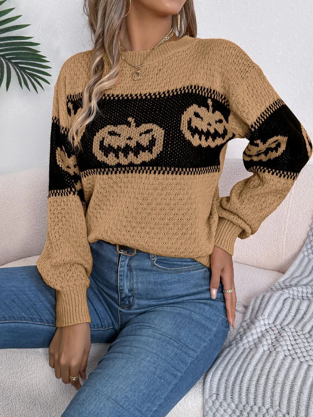 B.J.S Pumpkin Round Neck Long Sleeve Sweater