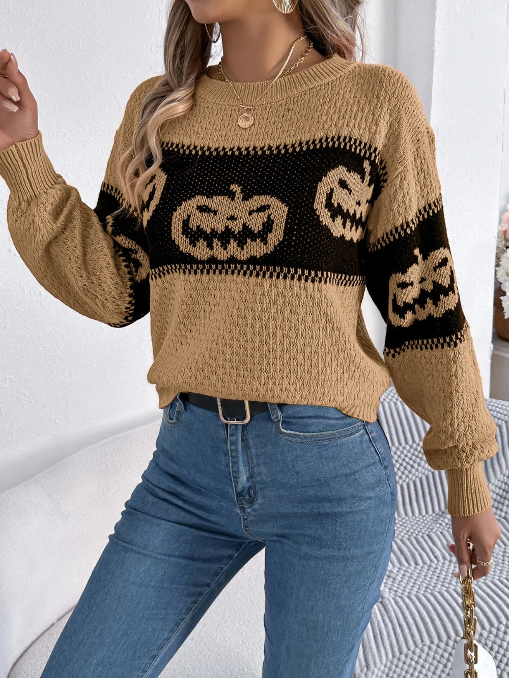 B.J.S Pumpkin Round Neck Long Sleeve Sweater