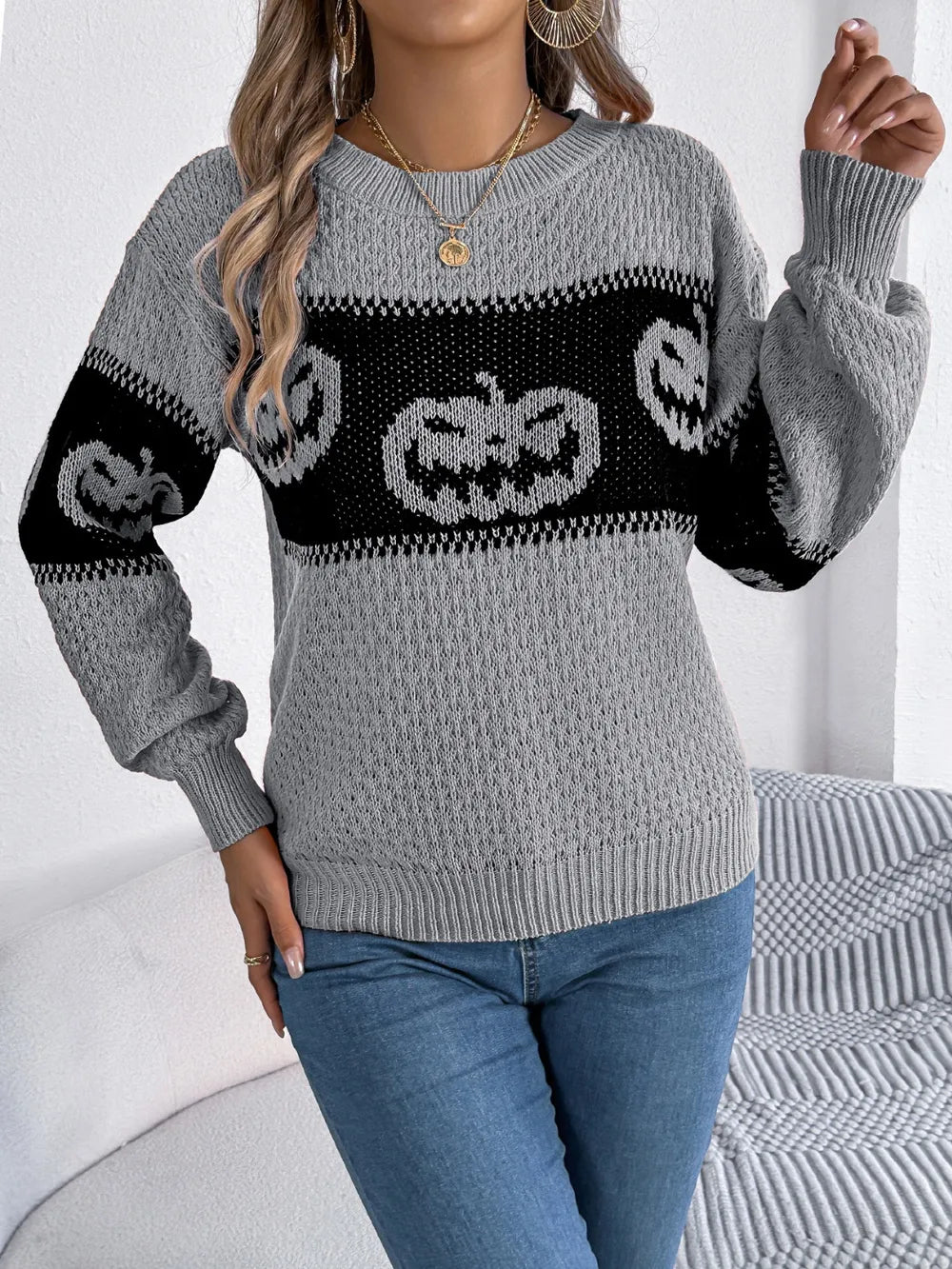 B.J.S Pumpkin Round Neck Long Sleeve Sweater
