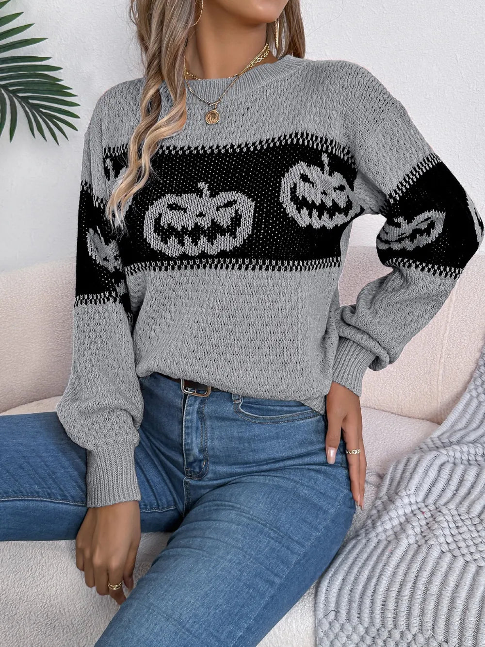 B.J.S Pumpkin Round Neck Long Sleeve Sweater
