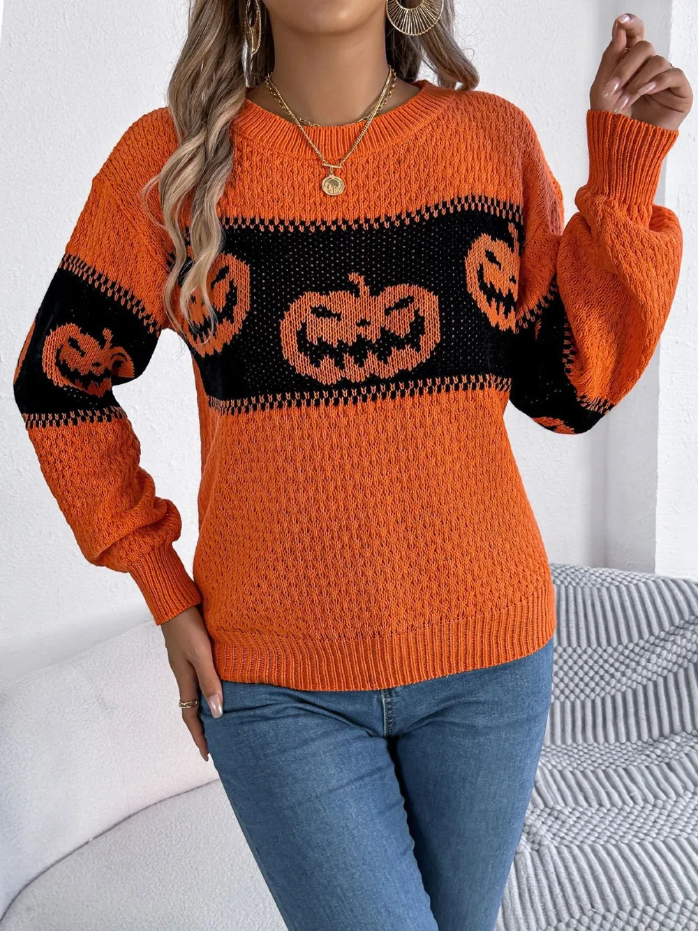 B.J.S Pumpkin Round Neck Long Sleeve Sweater