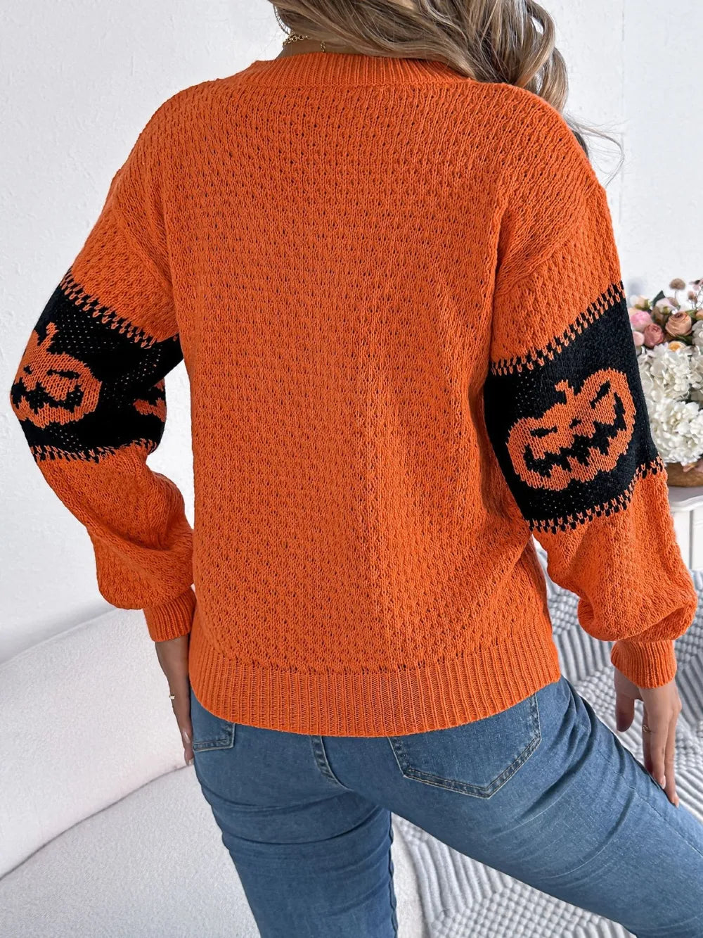 B.J.S Pumpkin Round Neck Long Sleeve Sweater
