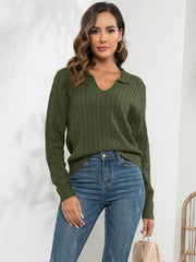 B&S Army Green / S Johnny Collar Cable-Knit Long Sleeve Sweater