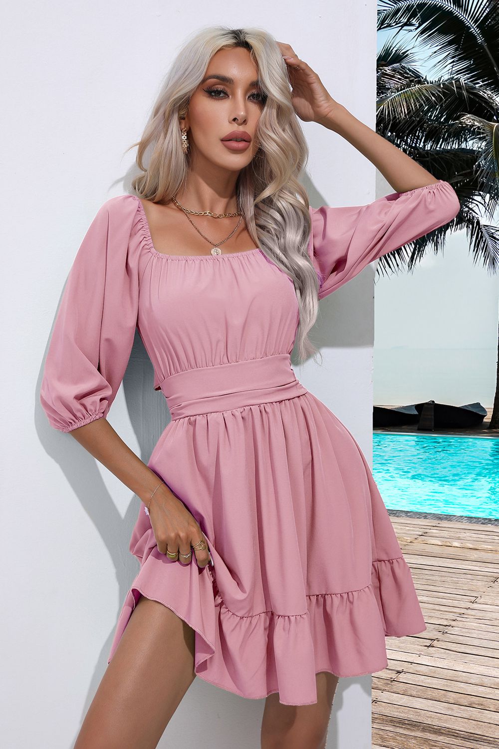 B&S Blush Pink / S Square Neck Dress with Tie Back & Ruffle Hem – Flirty Fit