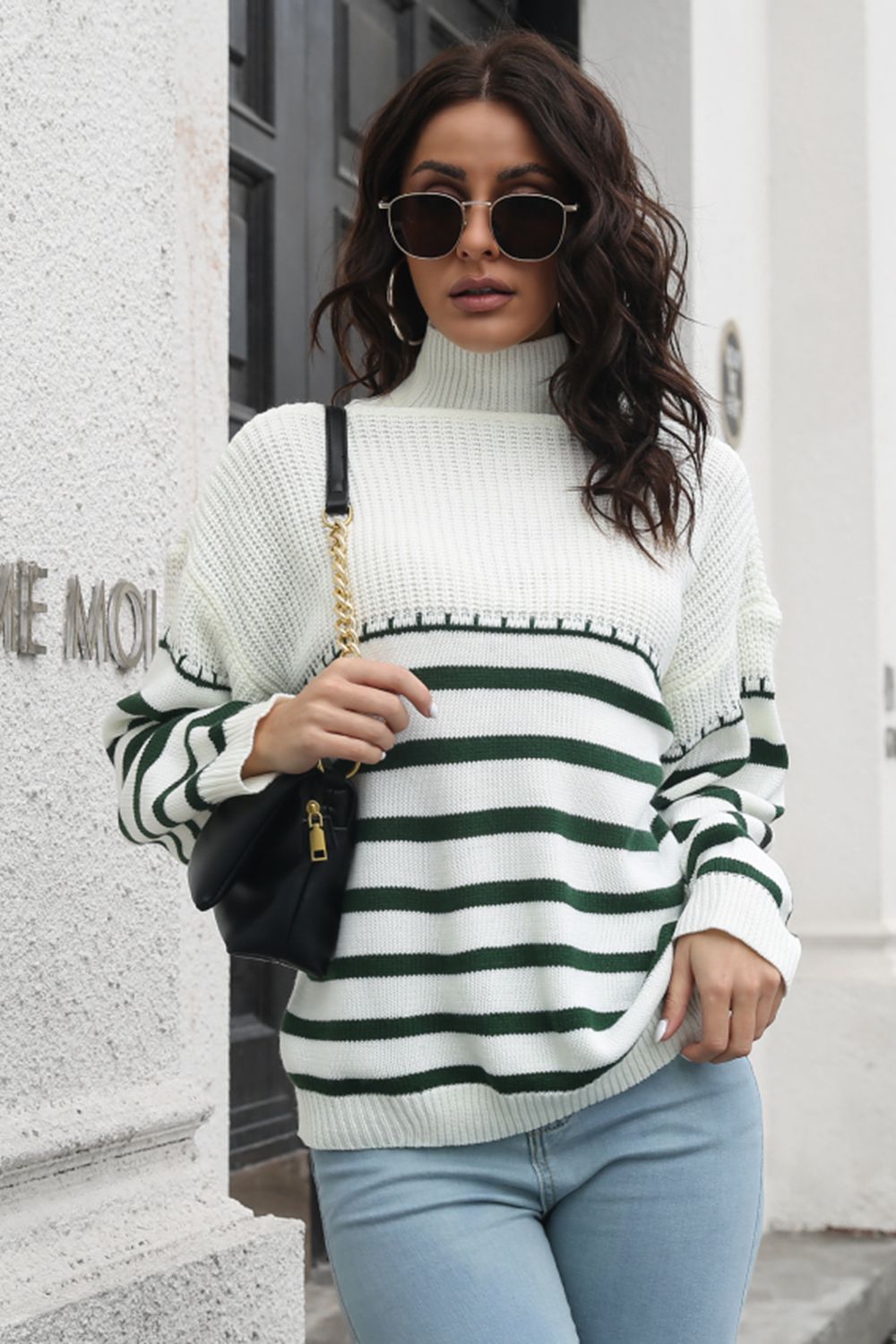 B&S Dark Green / S Striped Turtleneck Drop Shoulder Sweater