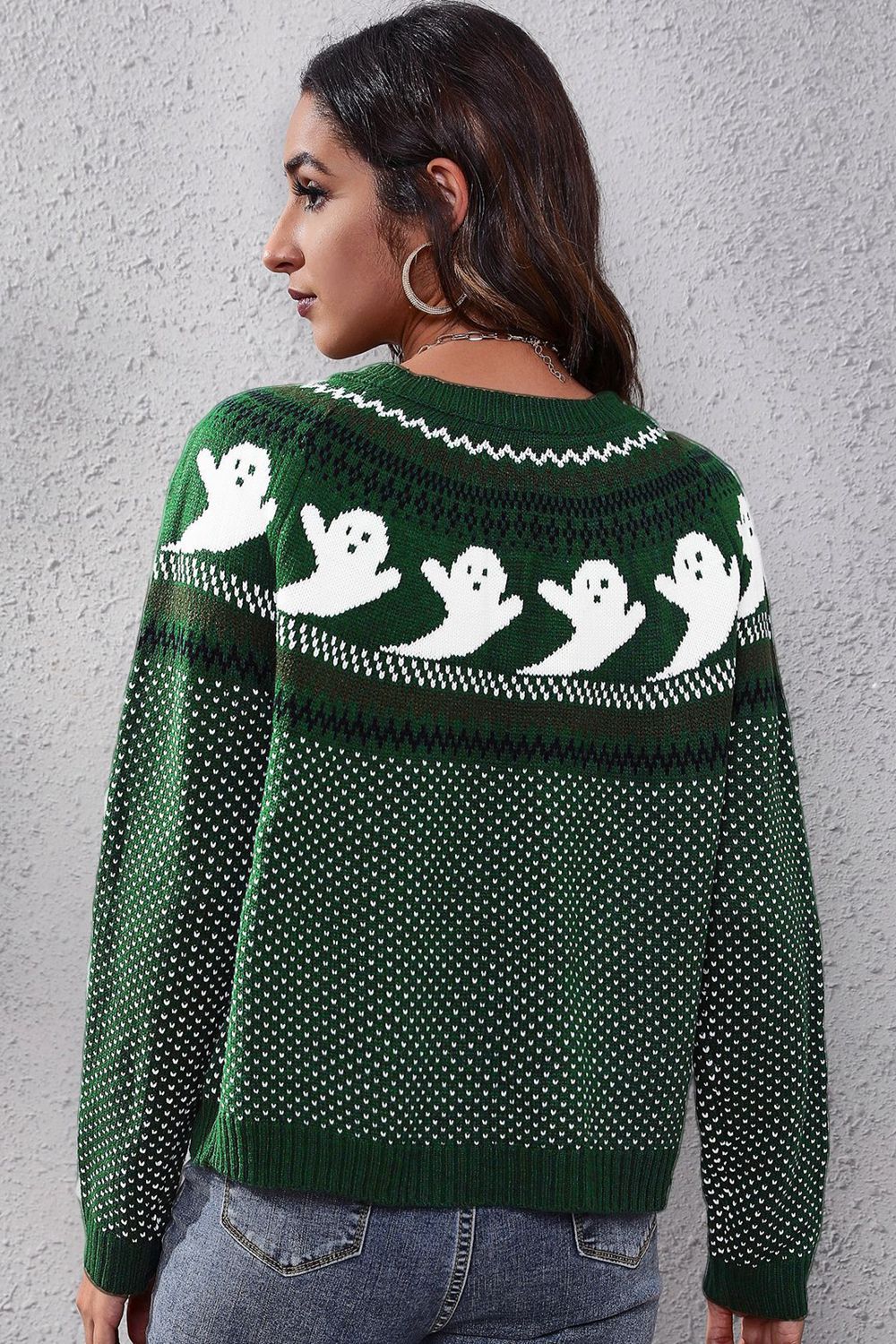 B&S Ghost Pattern Round Neck Long Sleeve Sweater
