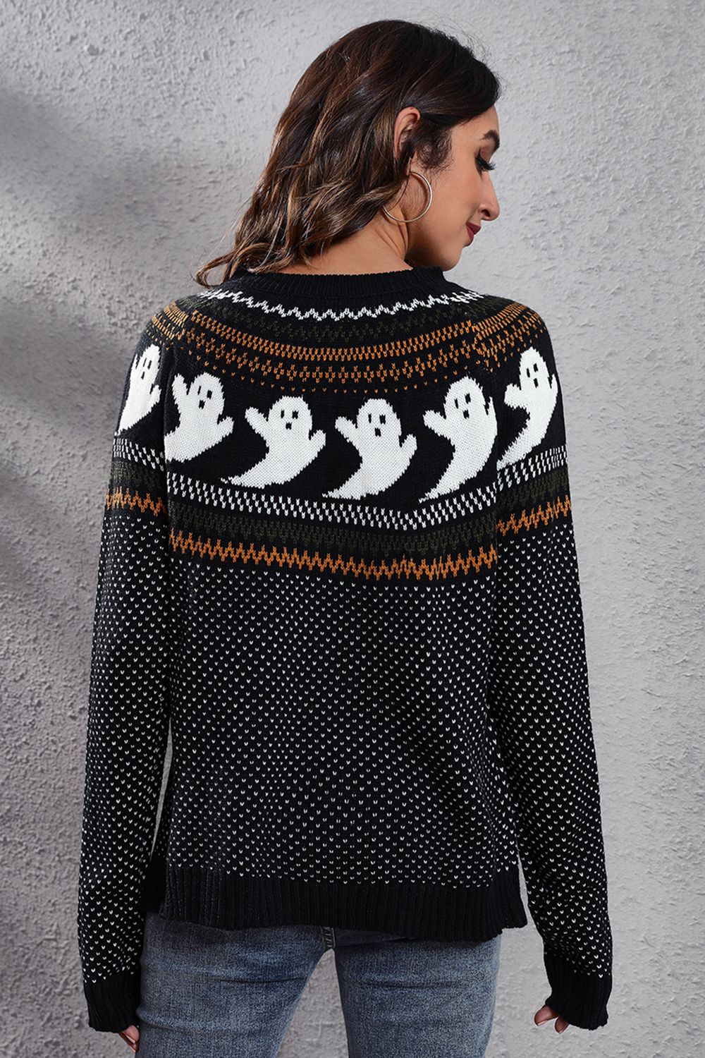 B&S Ghost Pattern Round Neck Long Sleeve Sweater