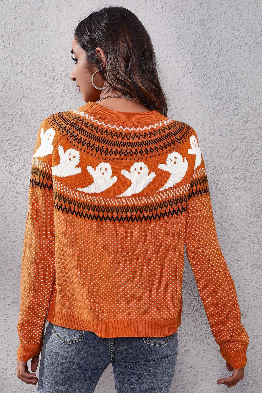B&S Ghost Pattern Round Neck Long Sleeve Sweater