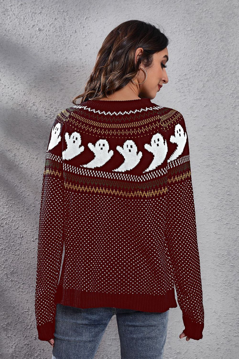 B&S Ghost Pattern Round Neck Long Sleeve Sweater