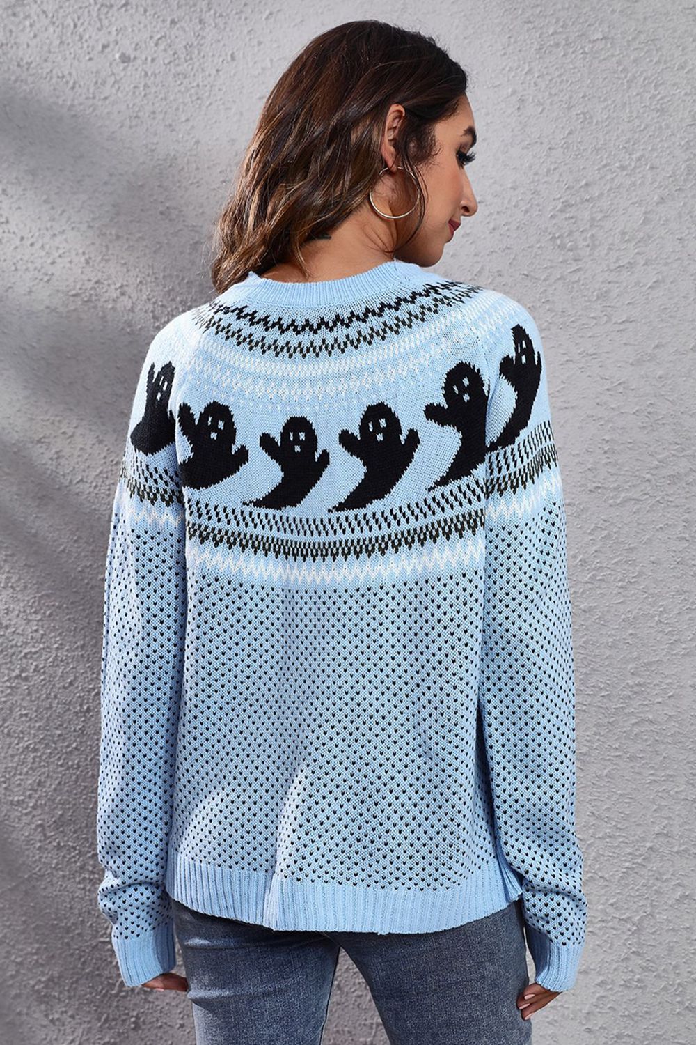 B&S Ghost Pattern Round Neck Long Sleeve Sweater