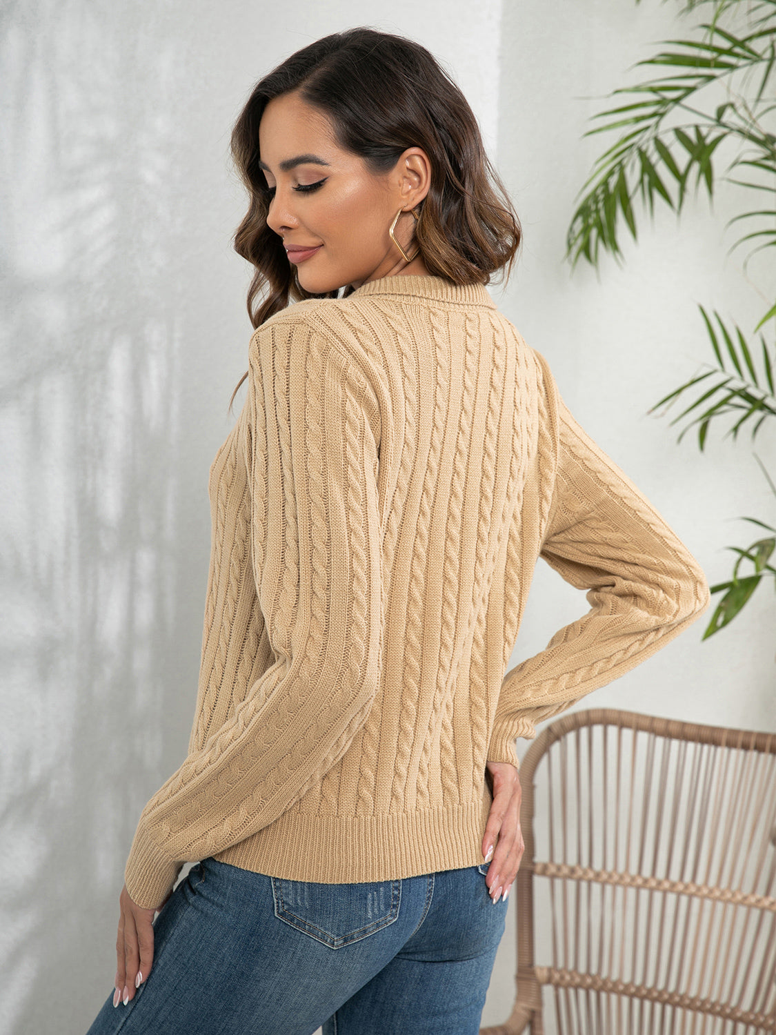 B&S Johnny Collar Cable-Knit Long Sleeve Sweater
