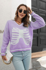 B&S Lavender / S Skeleton Pattern V-Neck Long Sleeve Pullover Sweater