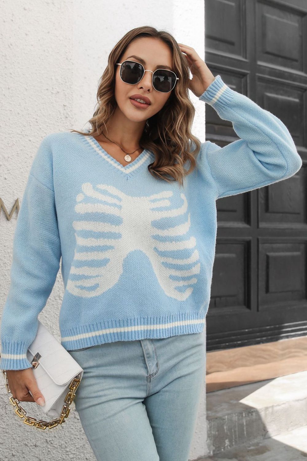 B&S Light Blue / S Skeleton Pattern V-Neck Long Sleeve Pullover Sweater