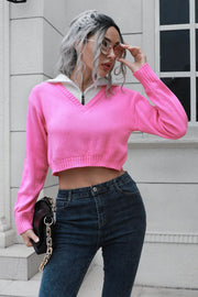 B&S Pink / S Contrast Collared Cropped Sweater