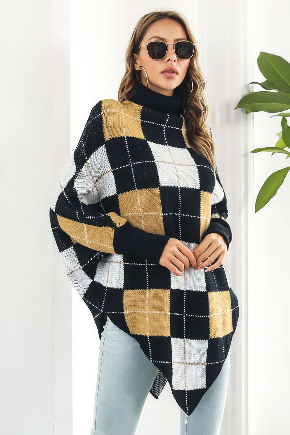 B&S Plaid / S Plaid Turtleneck Dolman Sleeve Poncho