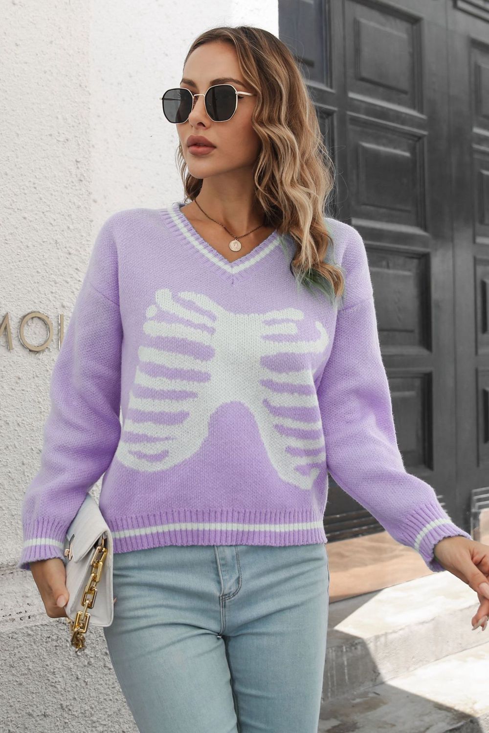 B&S Skeleton Pattern V-Neck Long Sleeve Pullover Sweater