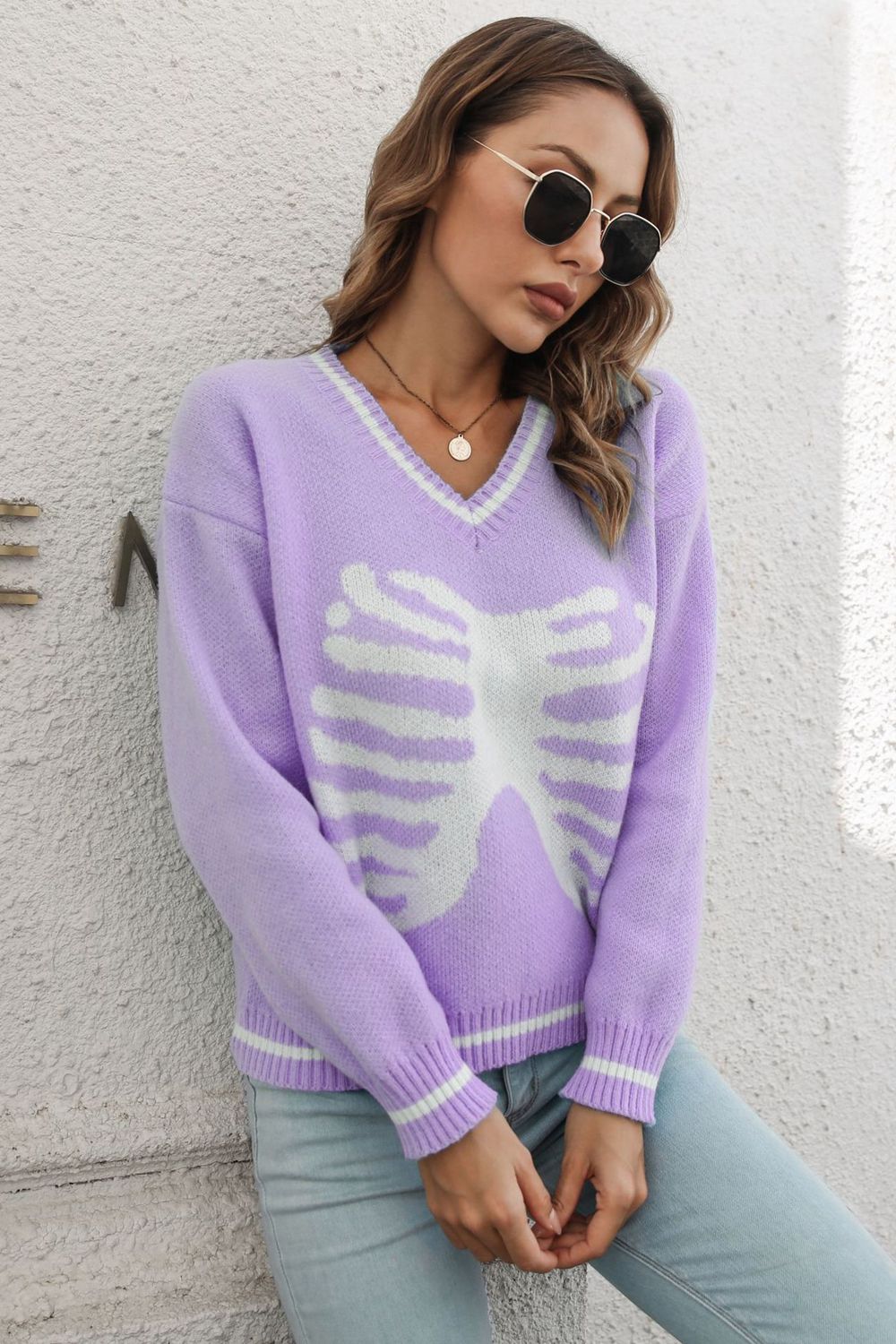 B&S Skeleton Pattern V-Neck Long Sleeve Pullover Sweater