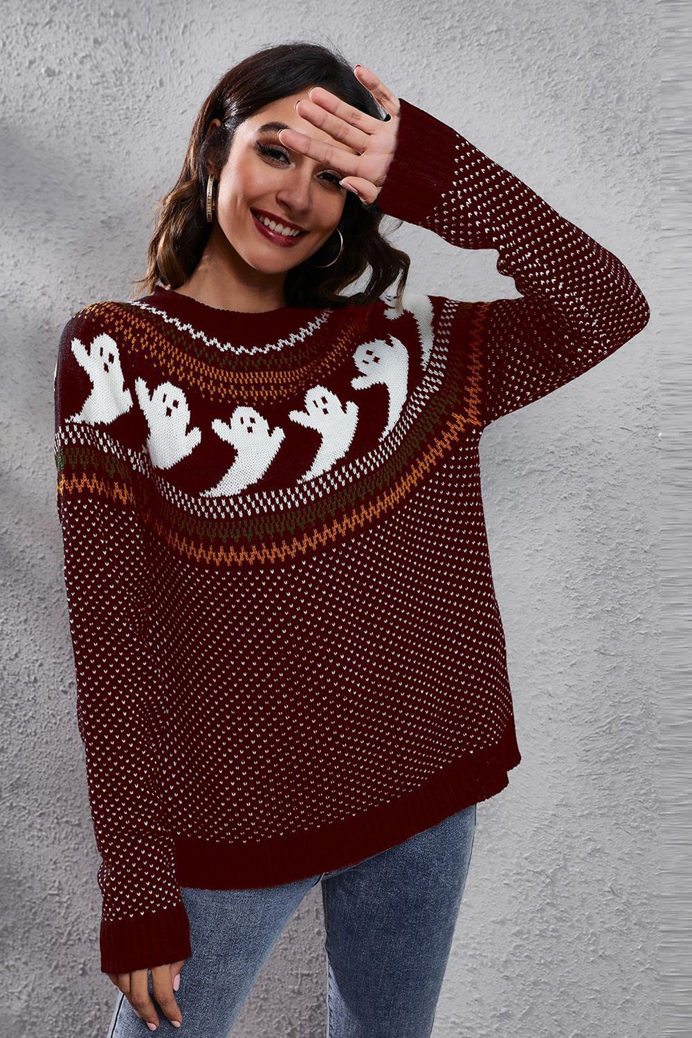 B&S Wine / S Ghost Pattern Round Neck Long Sleeve Sweater