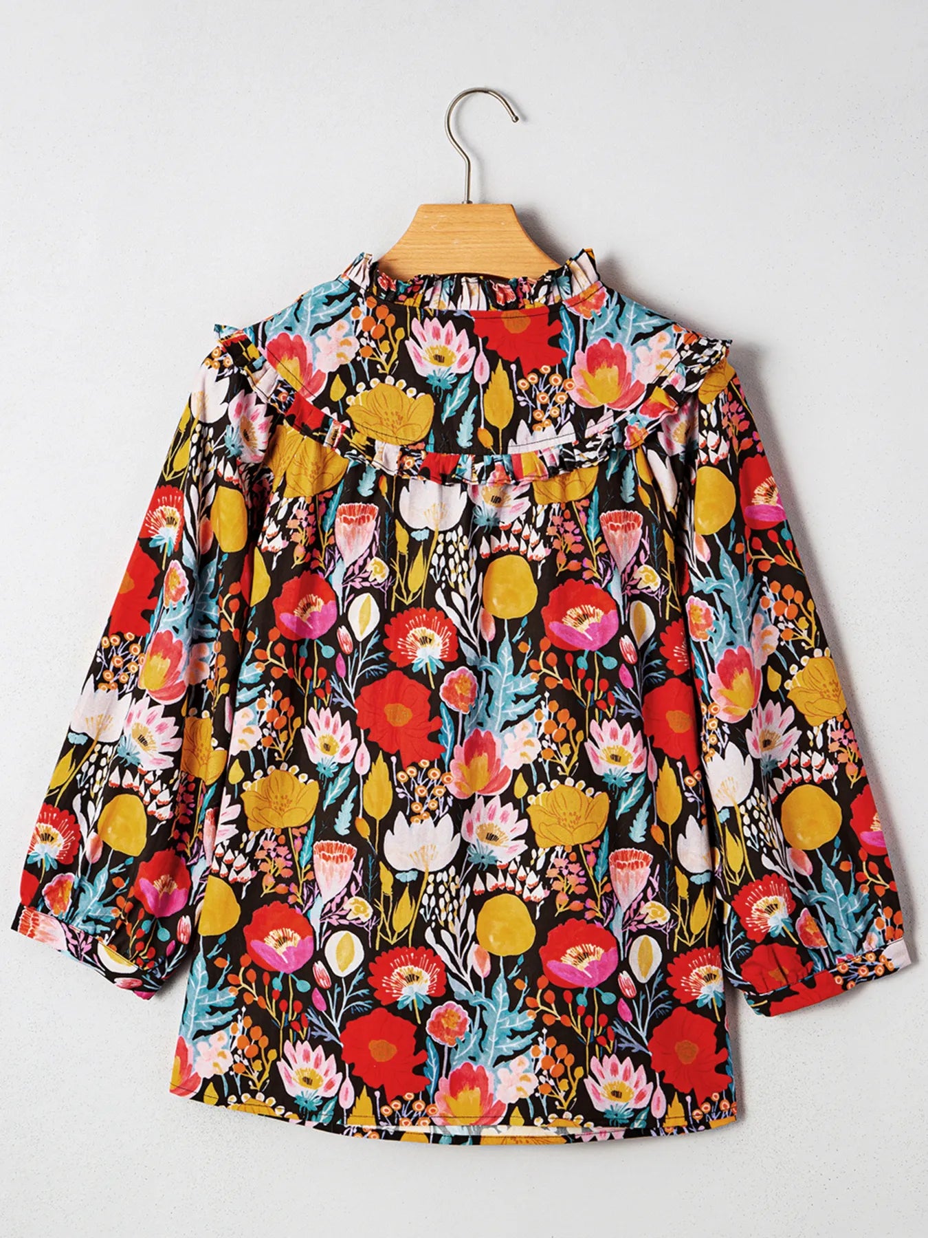 Floral 3/4 Puff Sleeve Tied Neck Blouse - Fashorio