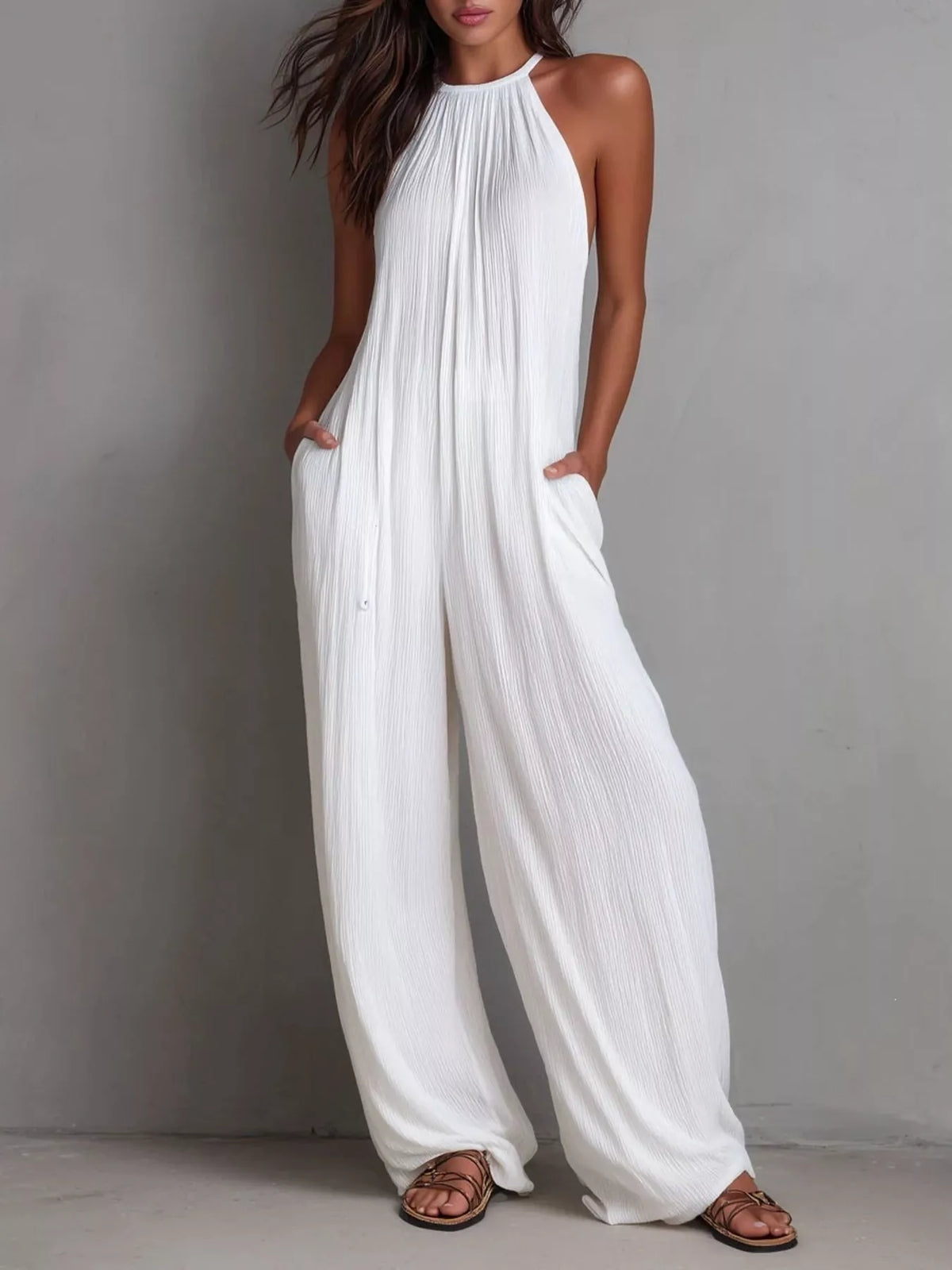 Sleeveless wide leg jumpsuit front view
