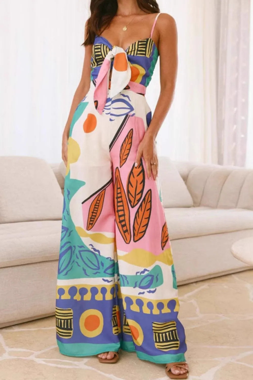 Printed Wide Leg Cami Jumpsuit - Fashorio