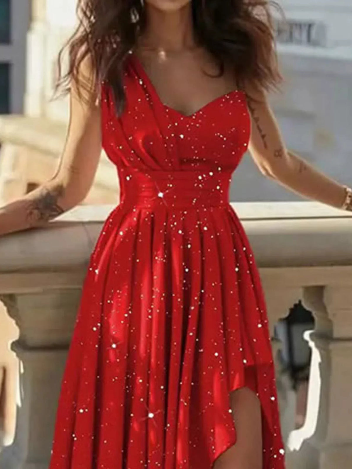 One shoulder asymmetrical hem maxi dress side view