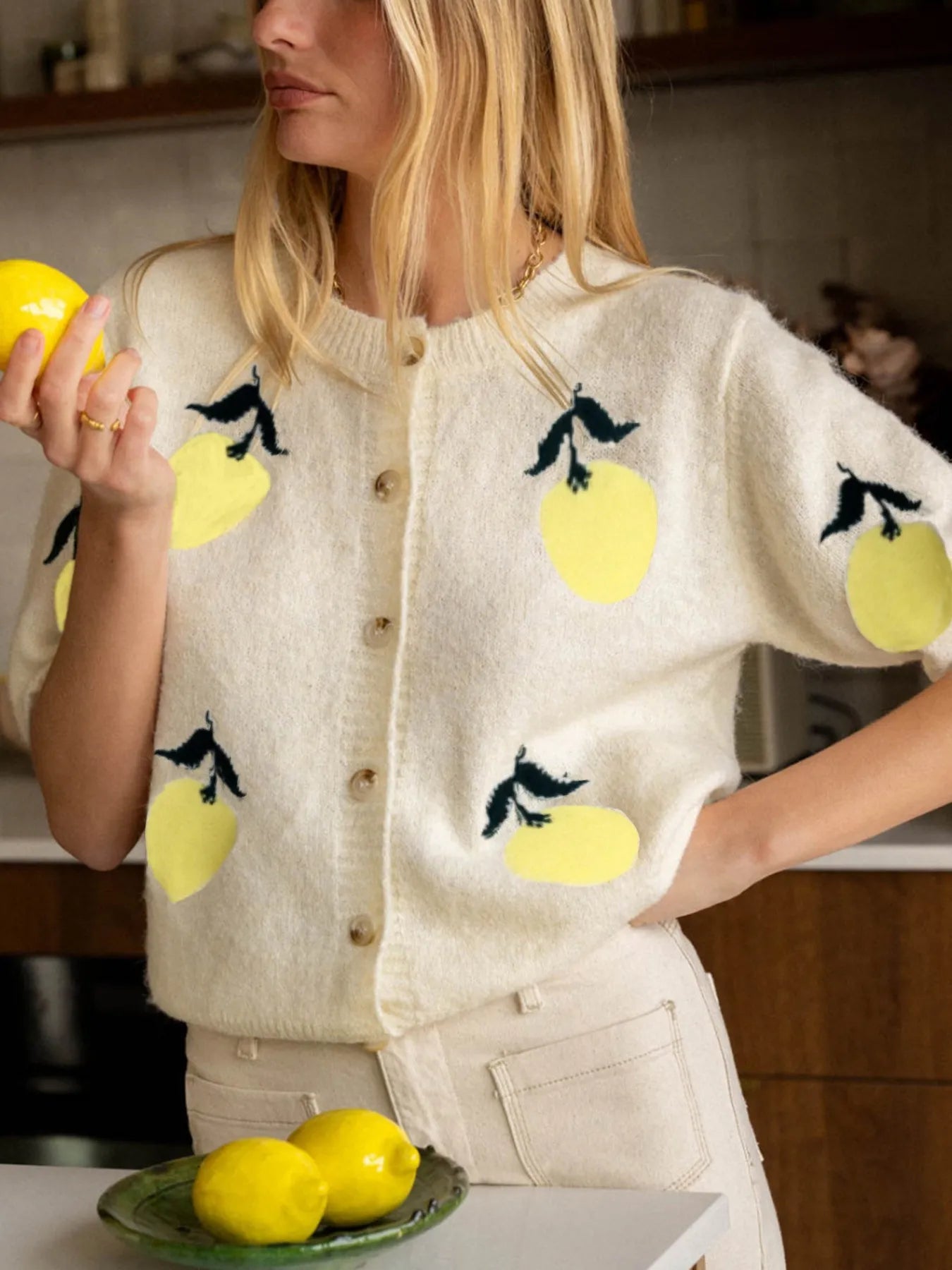 Lemon Button-Up Long Sleeve Cardigan White - Fashorio
