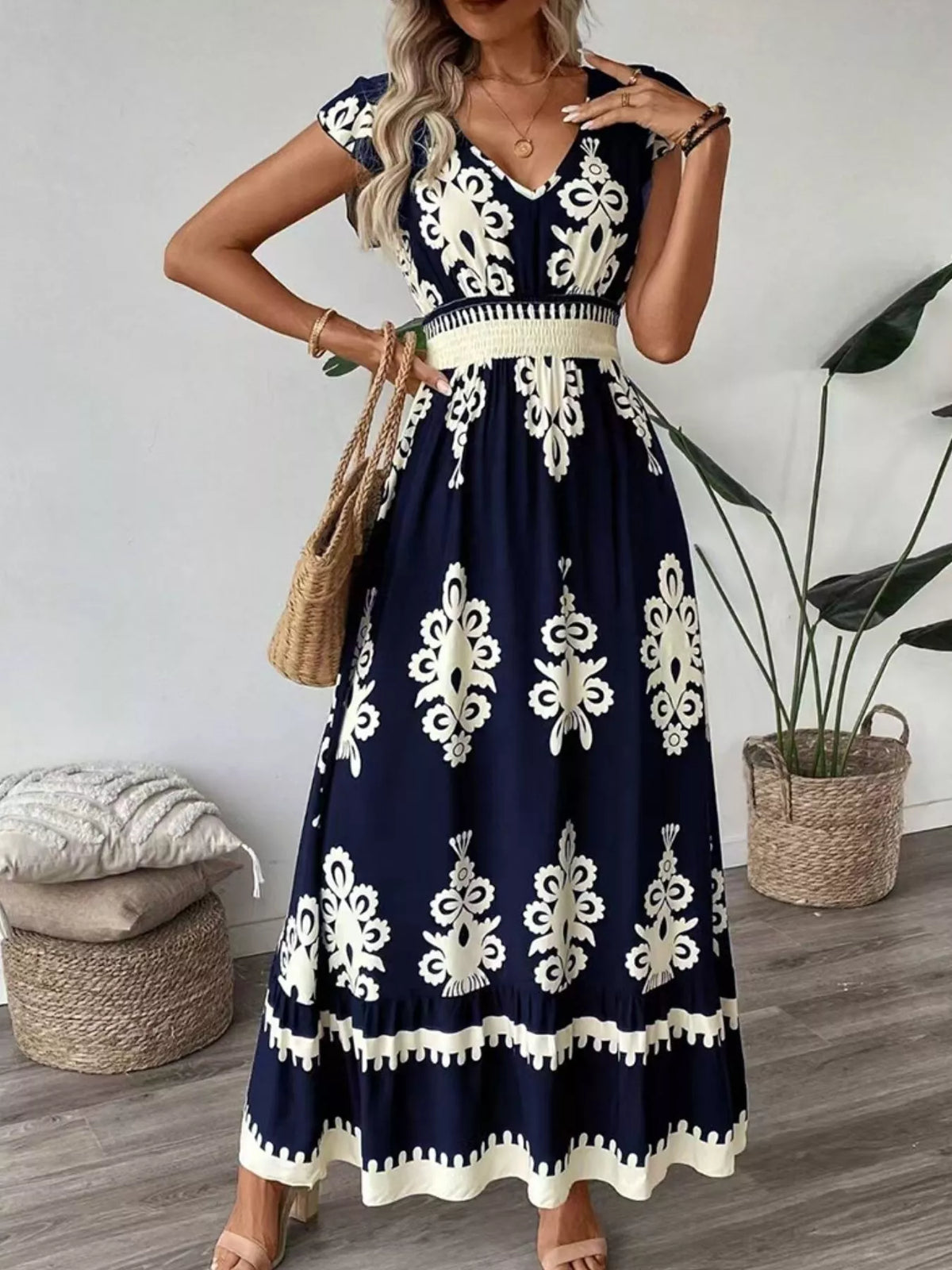ruffle print v neck maxi dress full length view