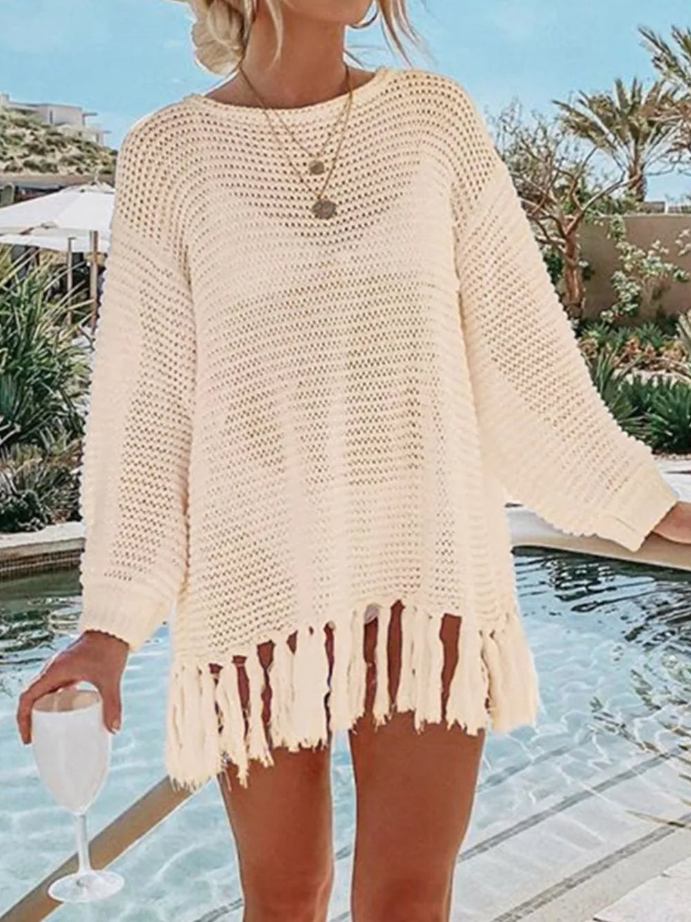 Angel Wings Openwork Tassel Hem Knit Kimono Cover Up, view 13