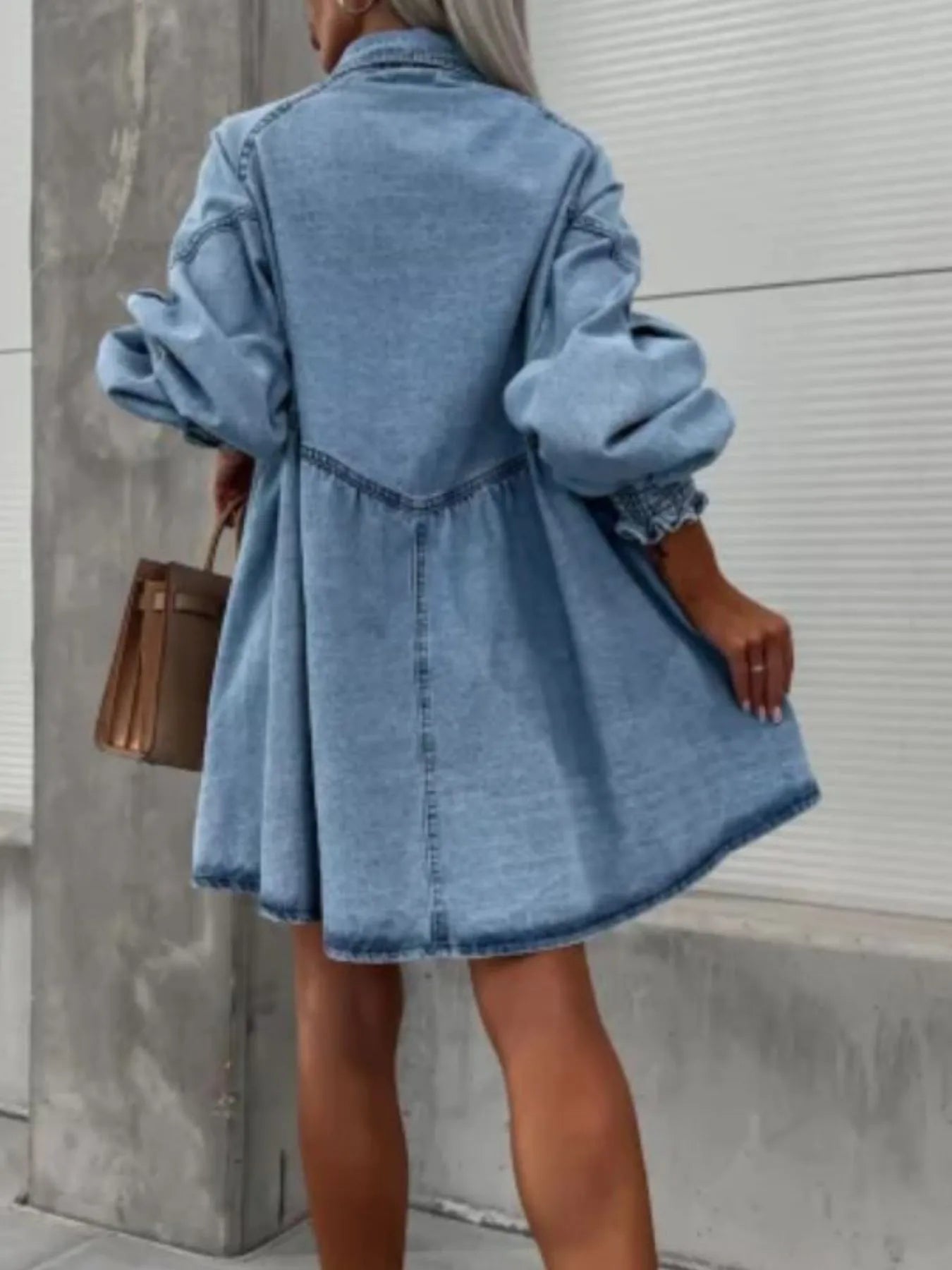 Oversized Long Sleeve Button-Up Denim Dress - Fashorio