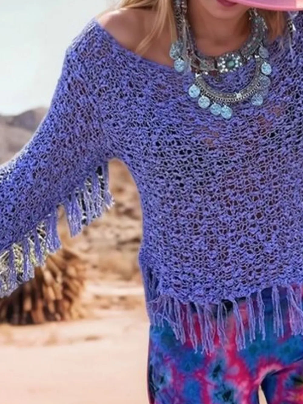Boat neck tassel layering kimono back view