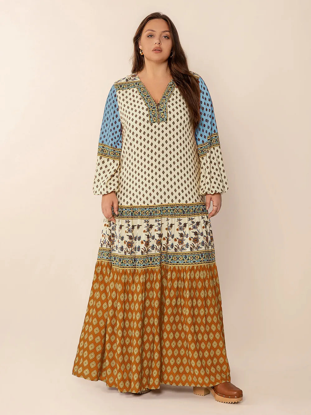 Printed V Neck Balloon Sleeve Maxi Dress detail view