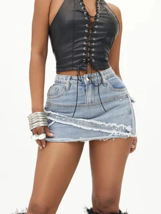 Raw Hem Denim Mini Skirt Denim Blue - Fashorio