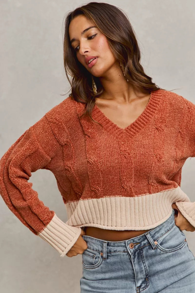 Chenille Cable Knit Cropped V Neck Sweater in Rust detail