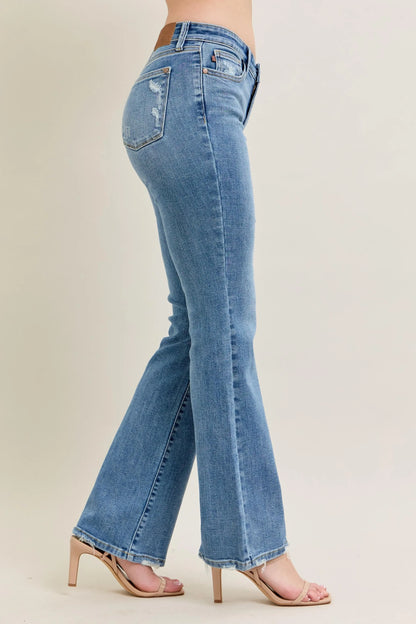 Judy Blue Full Size Mid Rise Wash Destroy Hem Bootcut Jeans Plus Size - Fashorio
