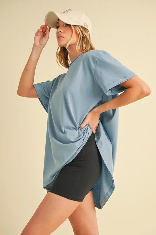 Blue round neck oversized tee back view
