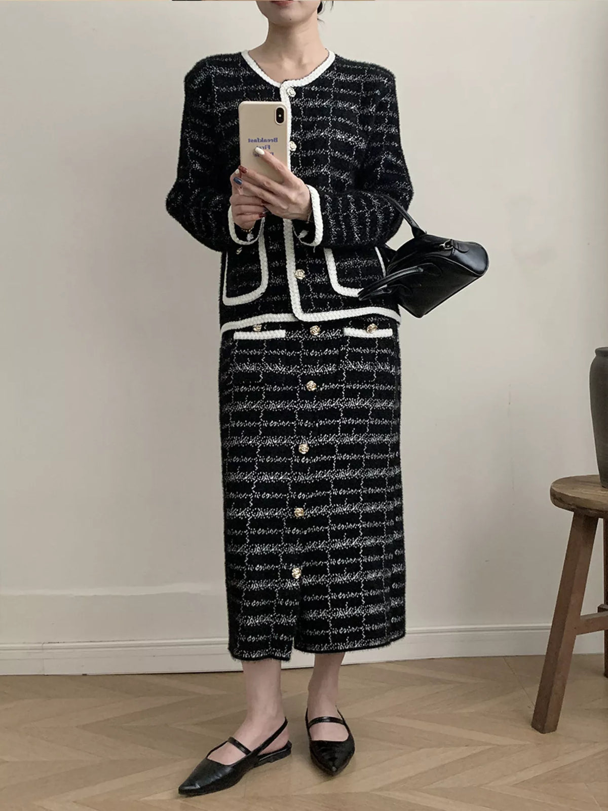 Coordinated tweed jacket and skirt full outfit