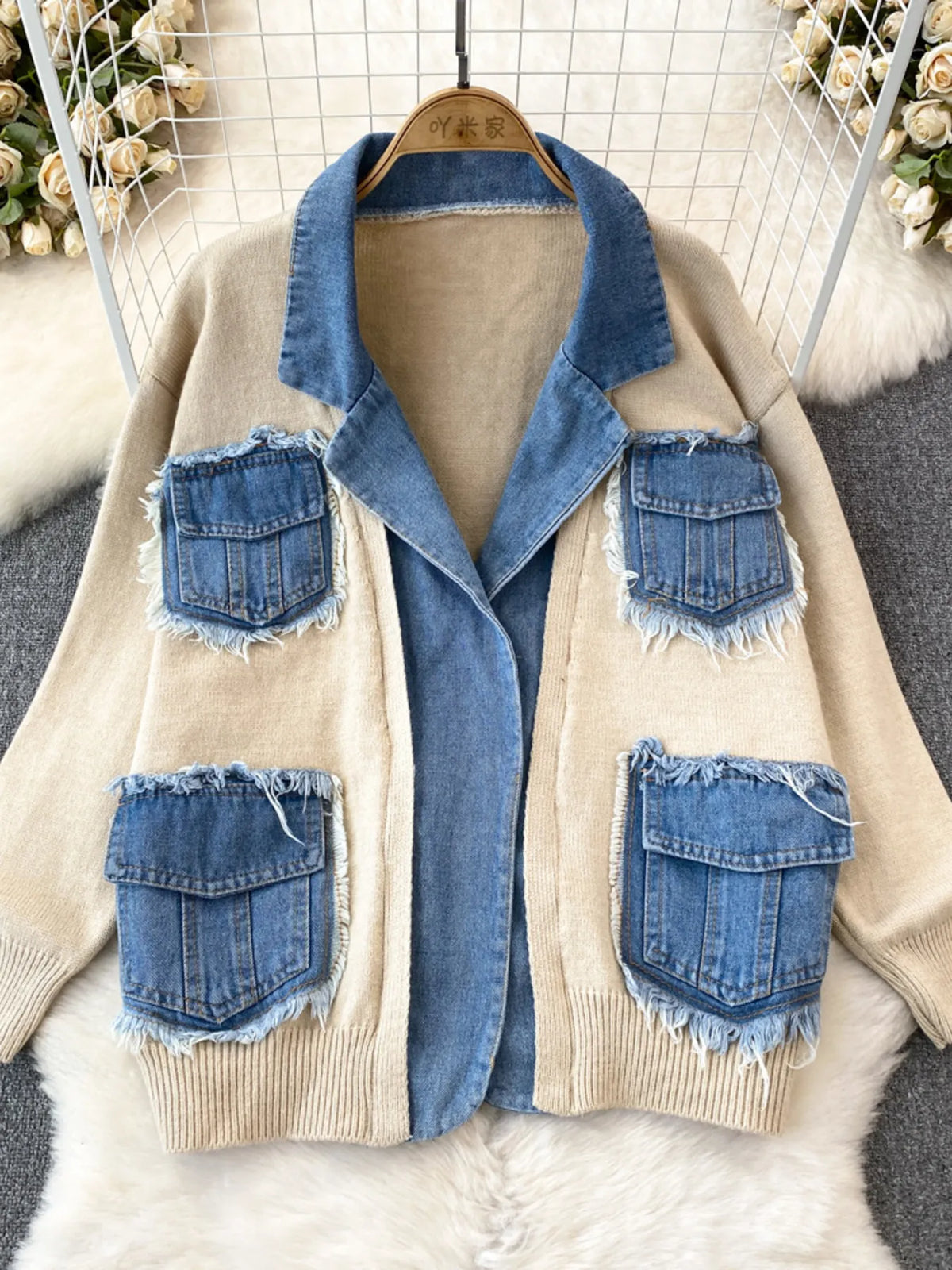 raw hem patchwork pocket cardigan front view