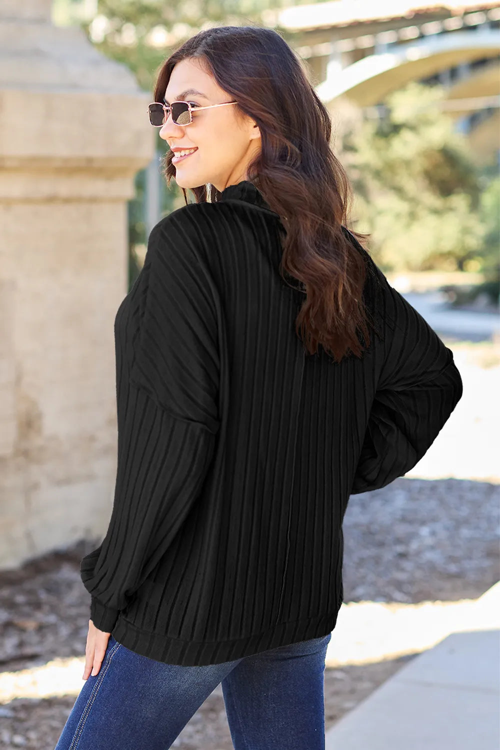 Ribbed knit mock neck top styled for layering