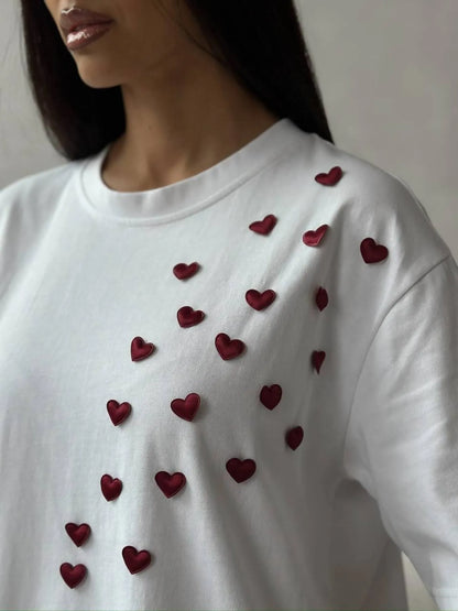 Plus Size Heart Round Neck Short Sleeve T-Shirt - Fashorio
