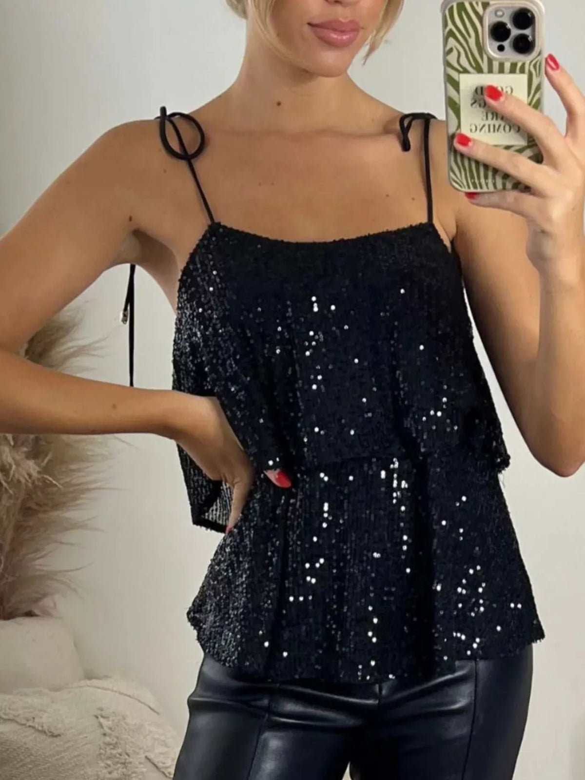 Sequin Tie Shoulder Cami Top styled outfit