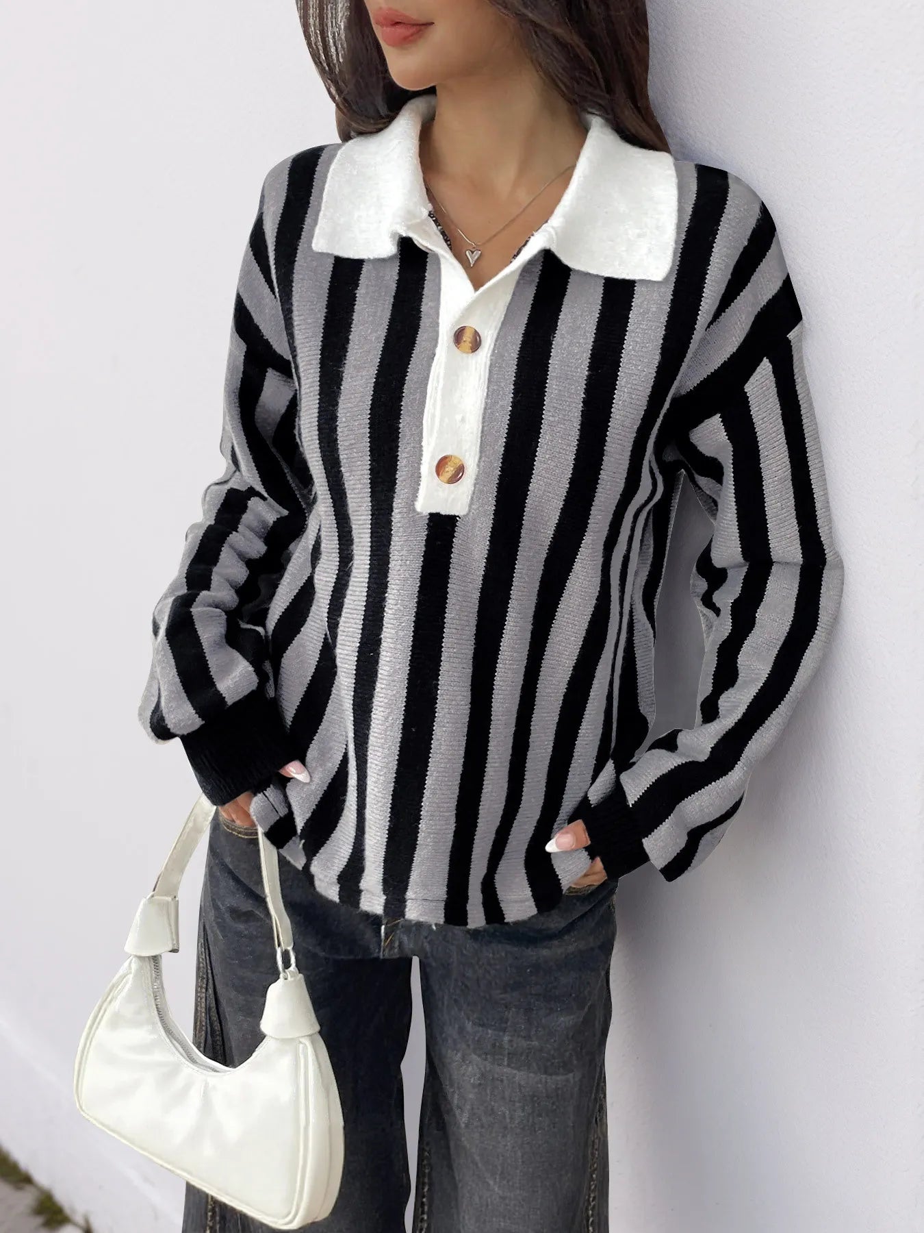 Striped Button Front Long Sleeve Sweater - Fashorio