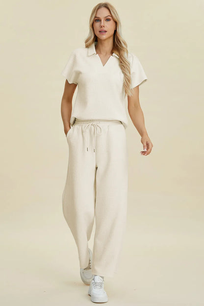Double Take Full Size Collared Neck Short Sleeve Top and Pants Set - Fashorio