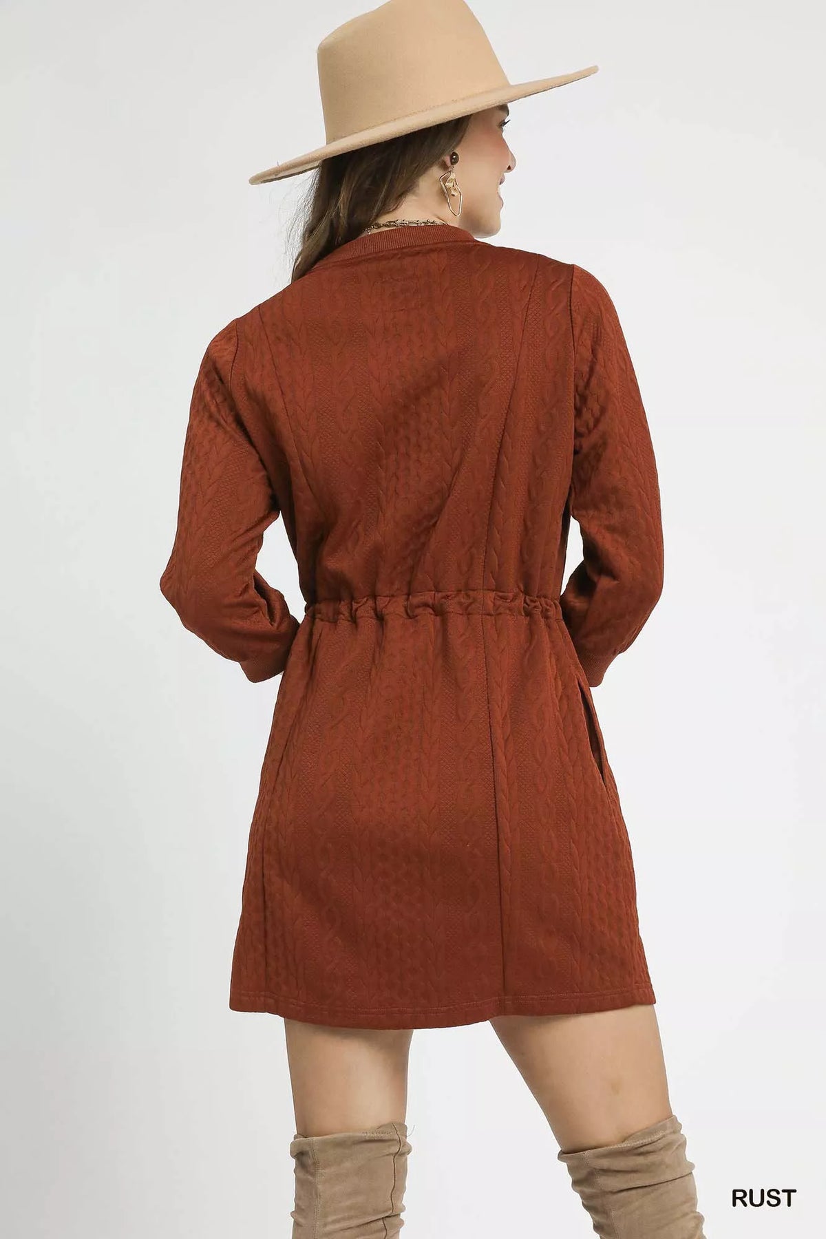 Cable Knit Drawstring Mini Dress with Pockets in Rust side view