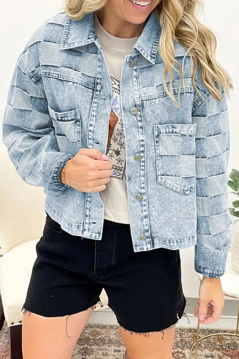 Washed Button Up Denim Jacket in Light Blue side view