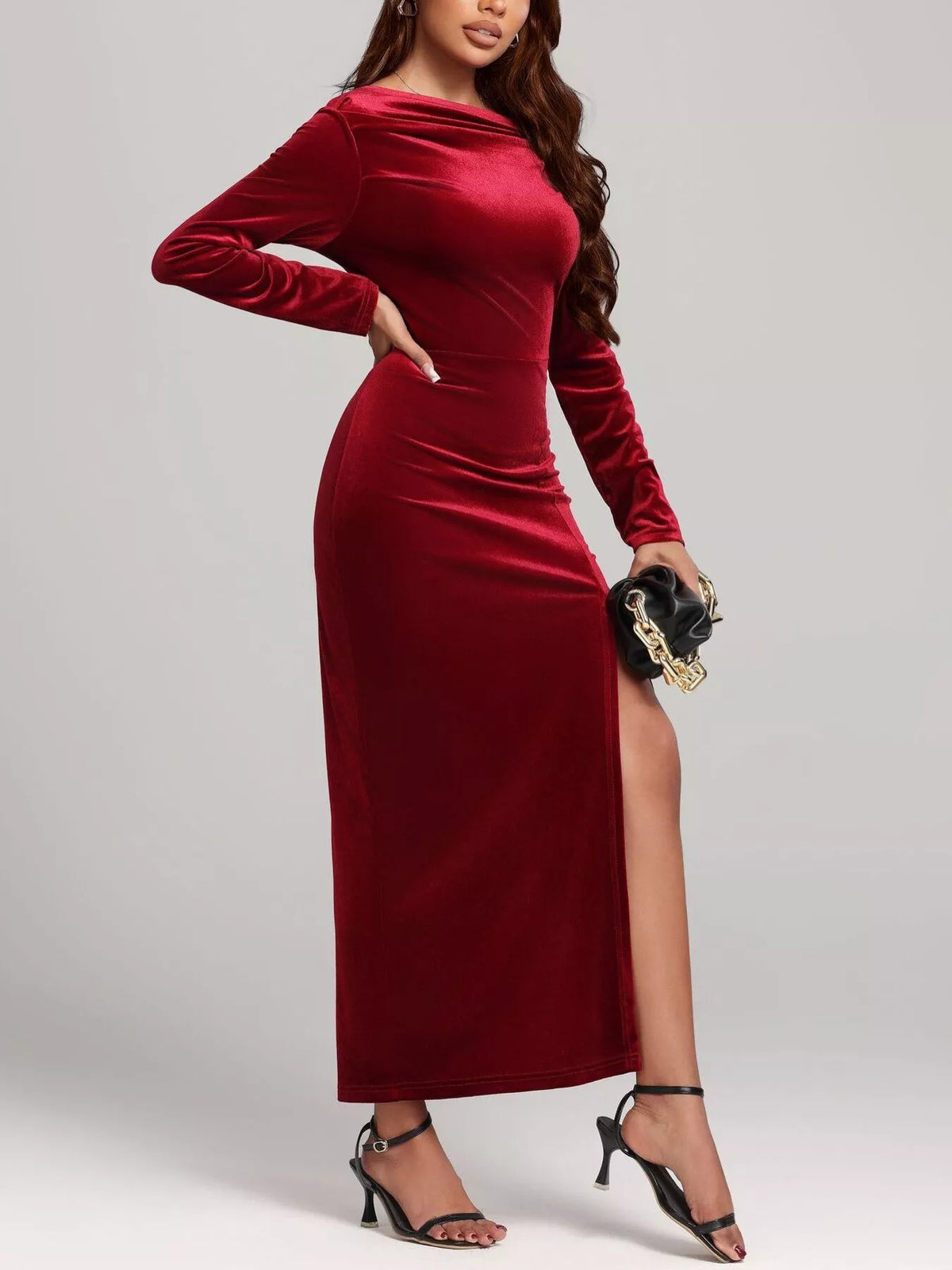 ruched velvet long sleeve slit dress back view