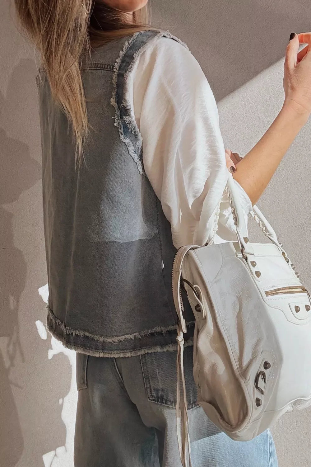 Frayed Flap Pocket Denim Vest in Light Blue detail