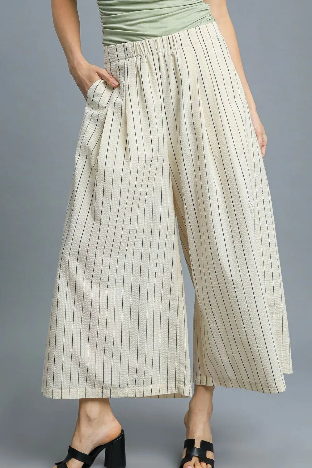 Umgee High-Waisted Wide Leg Striped Pants Ivory - Fashorio