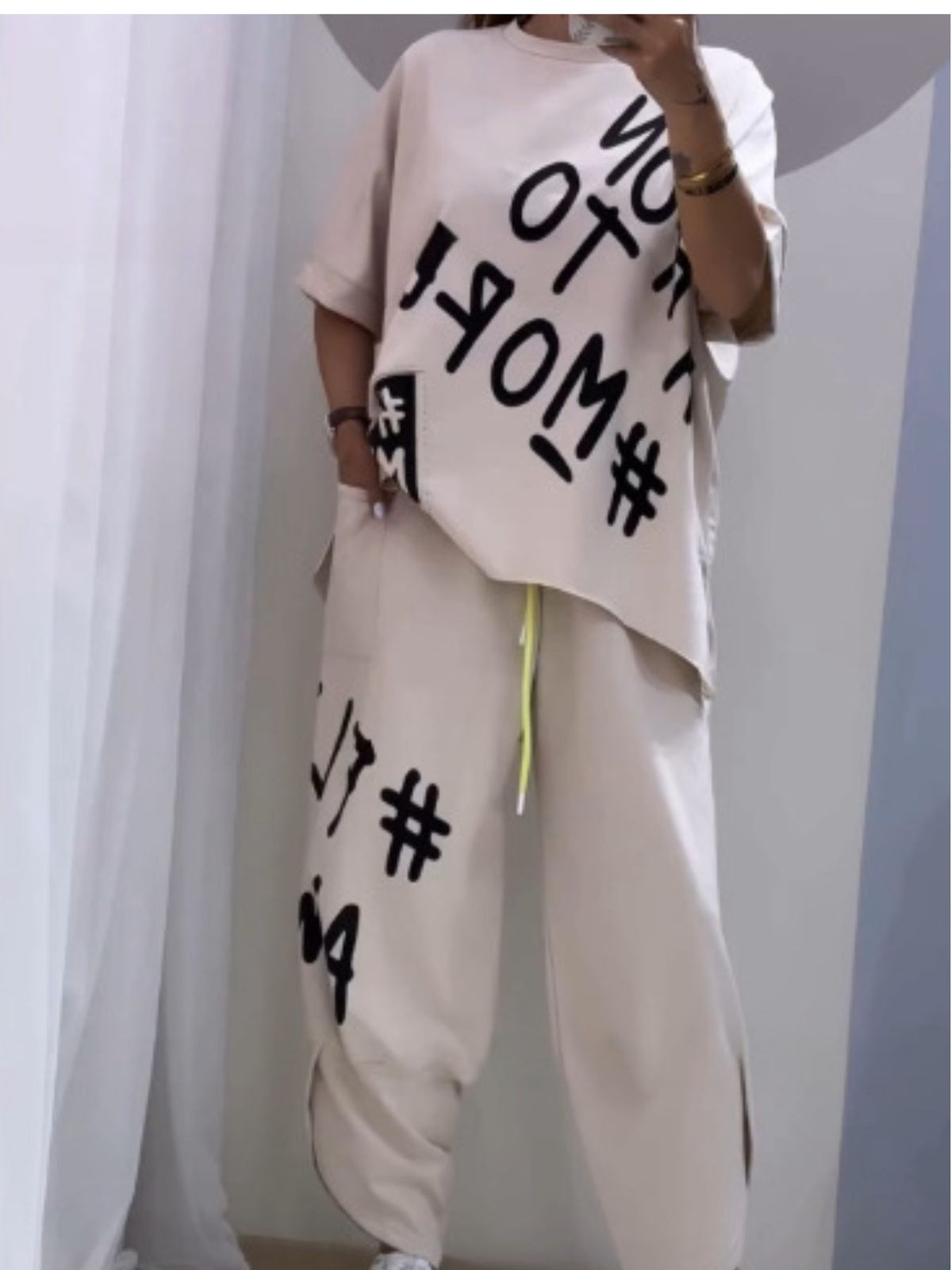 Letter Round Neck Tee and Pants Set Plus Size, view 13