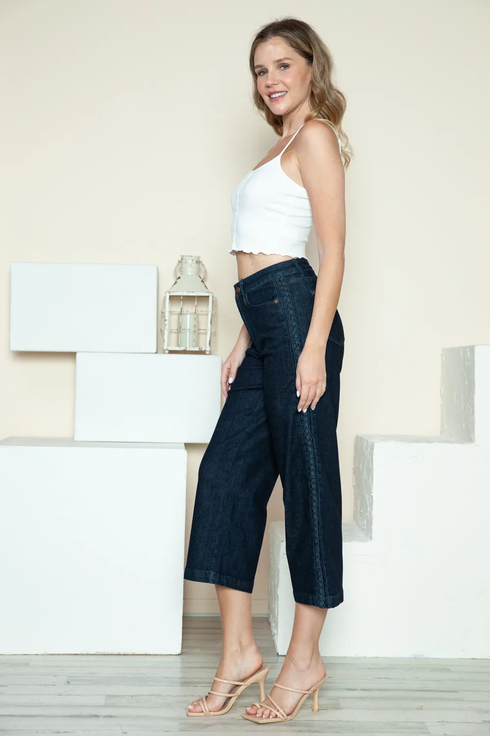 Close up of denim wash texture on wide leg jeans